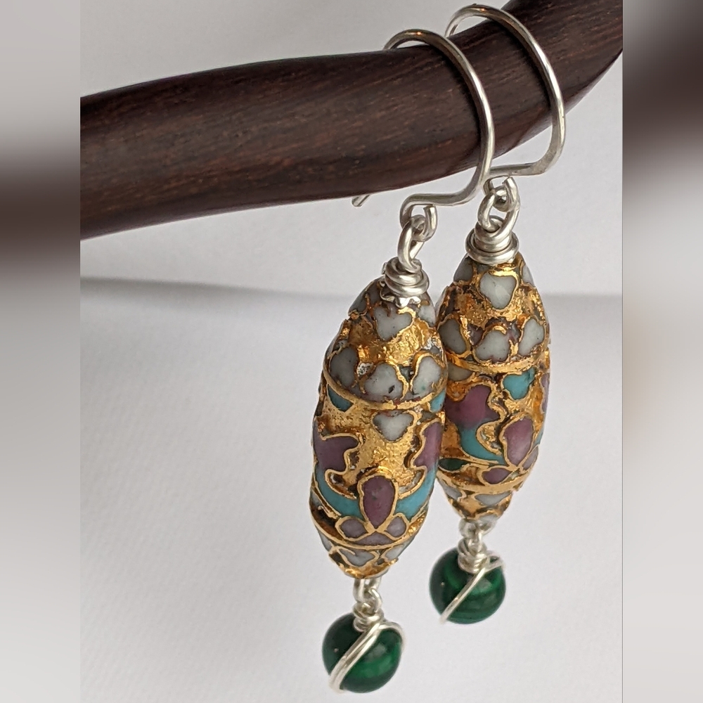 Authentic Vintage Cloisonne Earrings Sterling Silver Gold Toned with Malachite - Picture 7 of 12